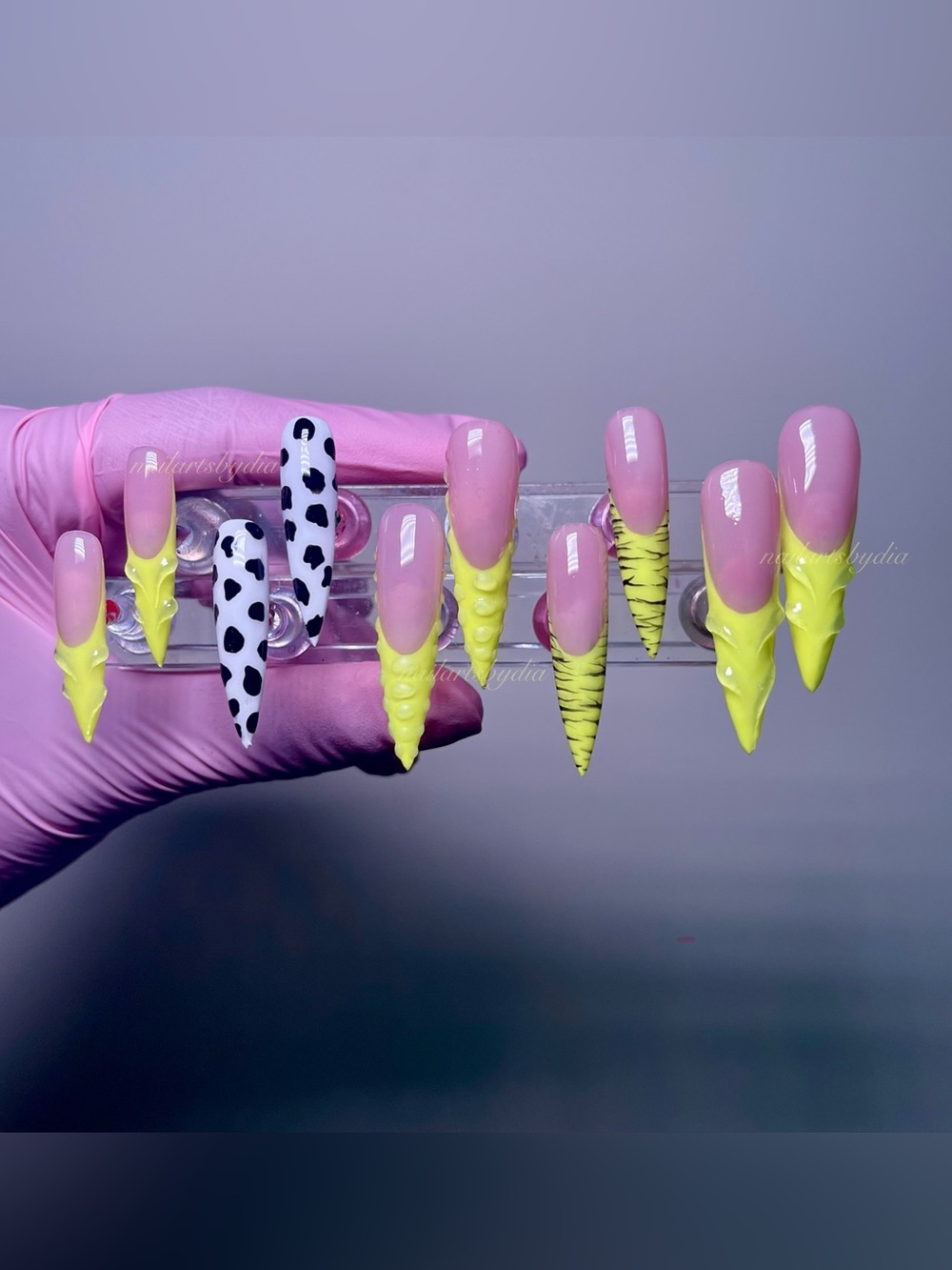 Pink & Neon Yellow Press-On Nail Set with Cow Print Accent